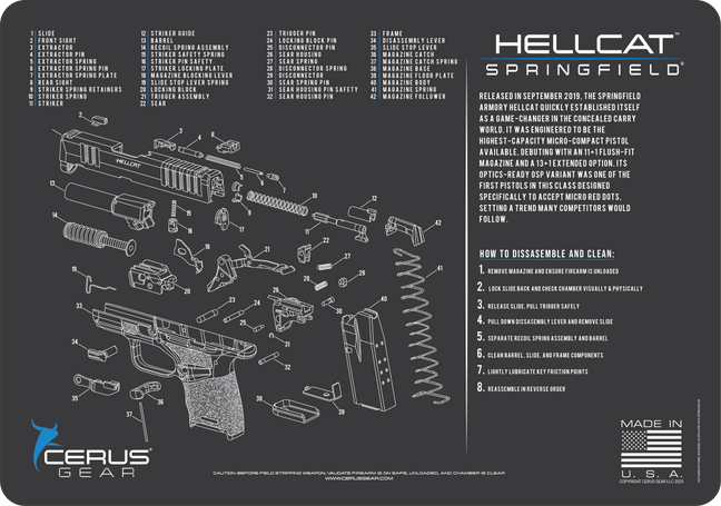 Springfield® Hellcat Schematic and History Bench Mat