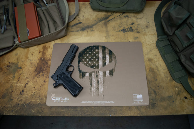REAPER SCULL USA AMERICAN FLAG GUN CLEANING BENCH MAT COYOTE TAN