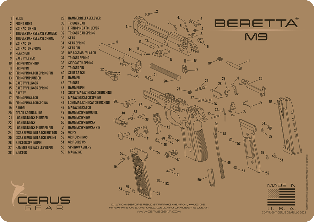 Beretta M9 Parts Diagram Schematic Handgun Cleaning Mat | Cerus Gear