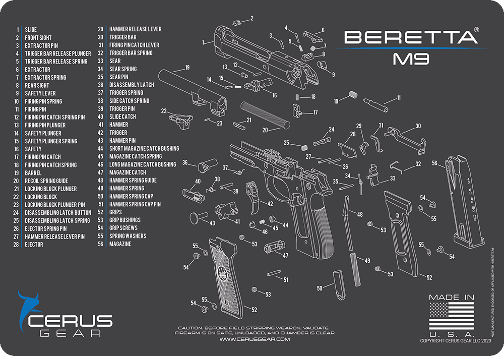 Beretta M9 Parts Diagram Schematic Handgun Cleaning Mat | Cerus Gear