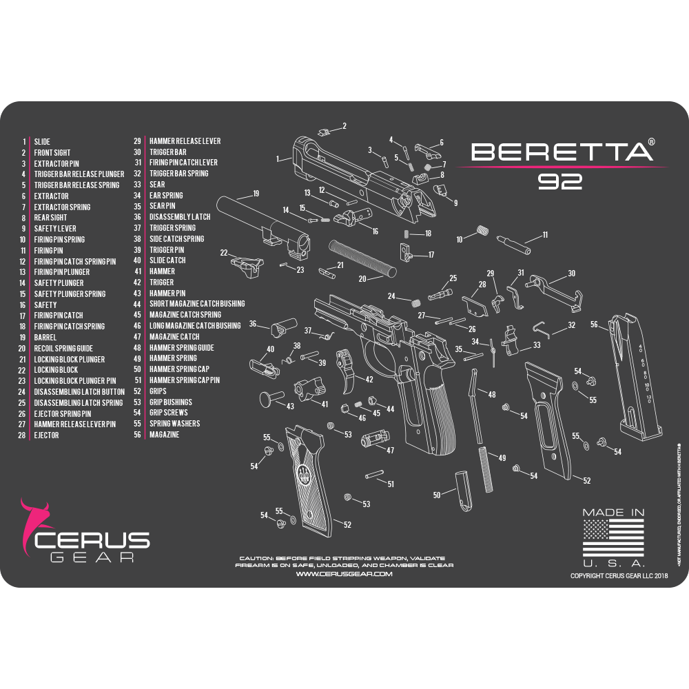 Beretta 92FS Schematic Diagram Cleaning Gun Mat | Cerus Gear