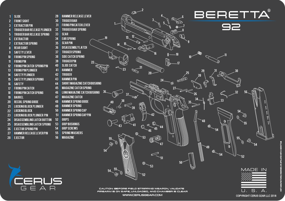 Beretta 92FS Schematic Diagram Cleaning Gun Mat | Cerus Gear