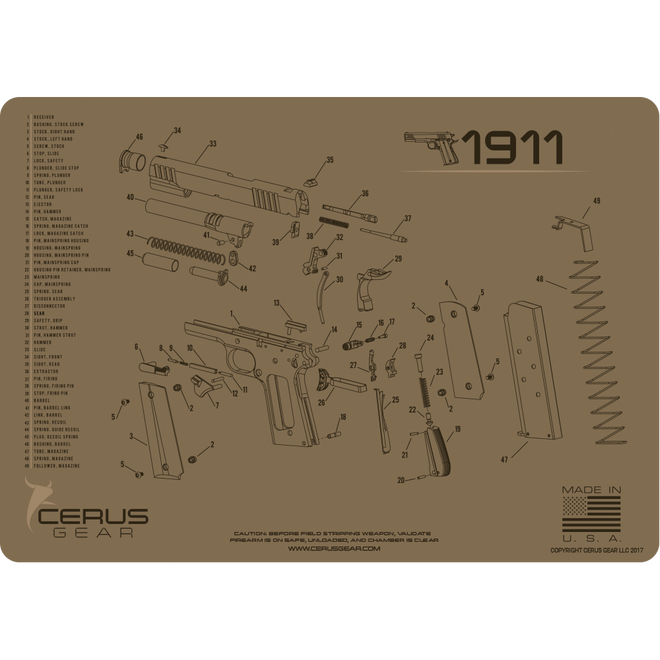 Best 1911 Schematic Gun Cleaning Mat in Coyote Tan 