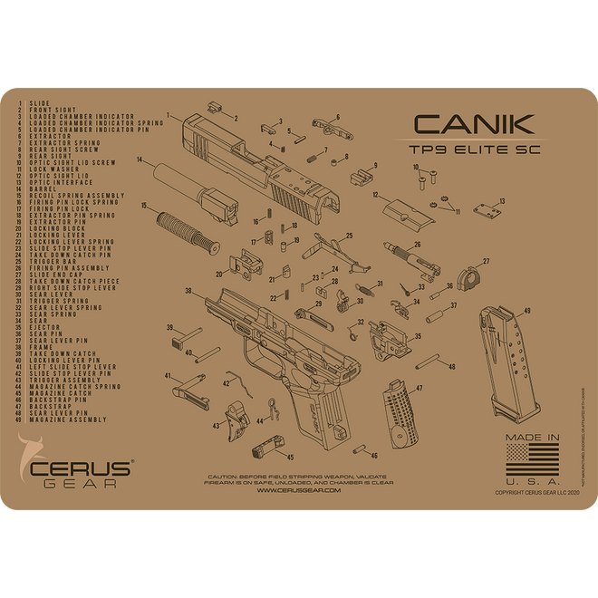 Canik TP9 Elite SC Parts Schematic Handgun Cleaning Mat | Cerus Gear