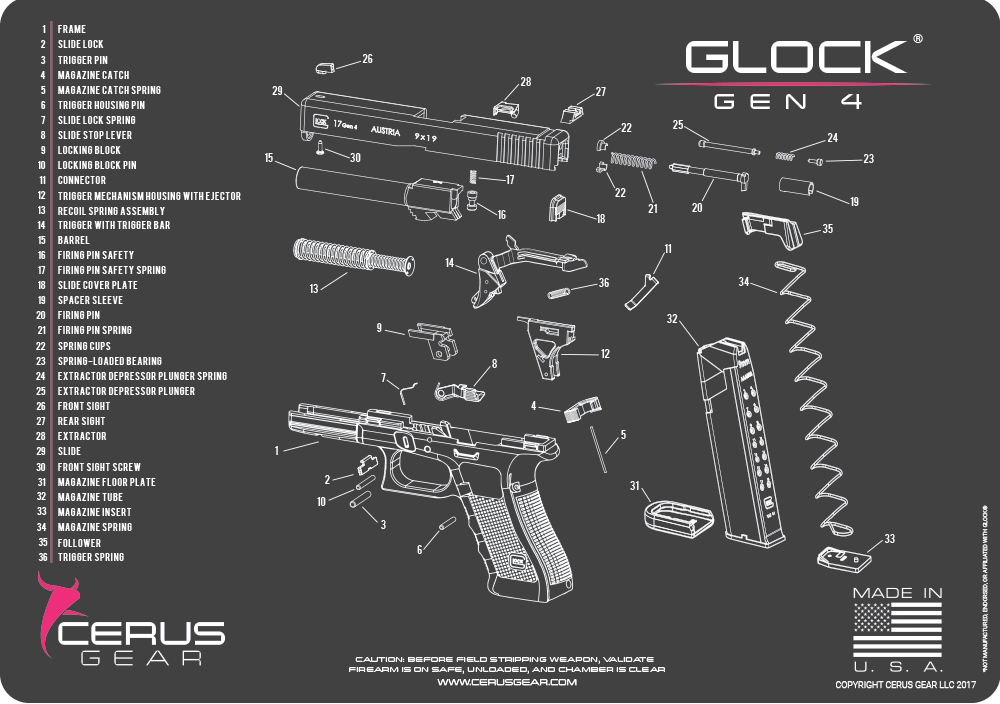 Glock Gen 4 Parts Schematic Handgun Cleaning Mat | Cerus Gear
