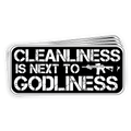 Cleanliness Is Next To Godliness Decal Die Cut Sticker Indoor/Outdoor Use Size: 4" x 1.75"