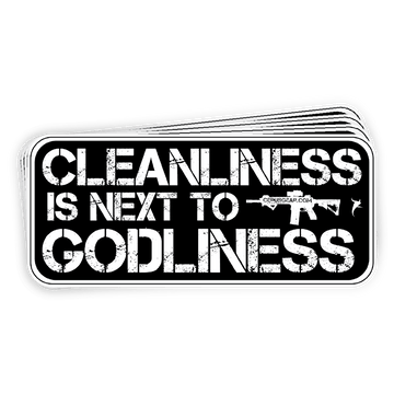 Cleanliness Is Next To Godliness Decal Die Cut Sticker Indoor/Outdoor Use Size: 4" x 1.75"